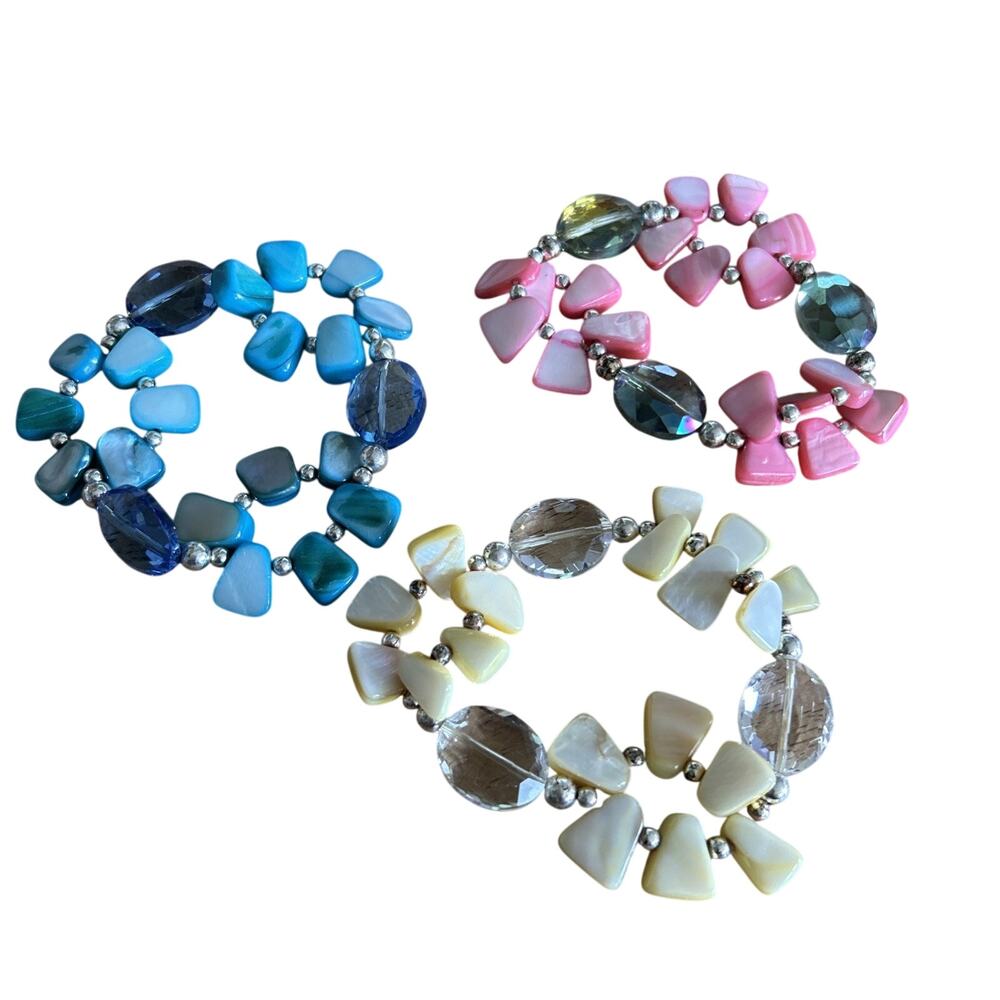 VTG Pink, Blue & Cream Shell Stretch Bracelet Beaded Lot Of 3